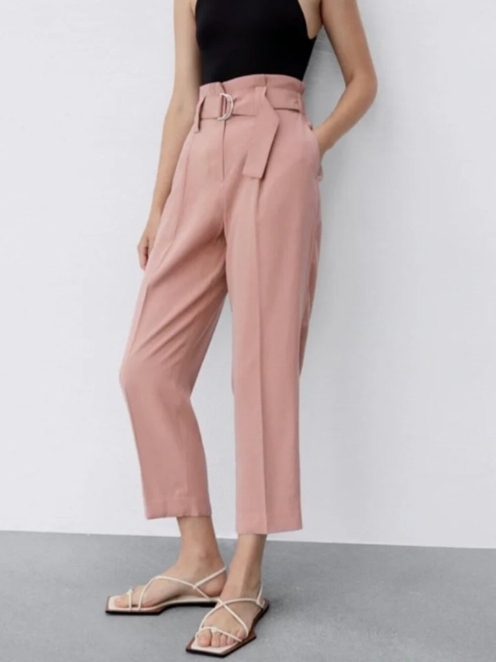 Zara Relaxed Trousers Pants with belt buckle Size S High Waisted - Spring Pink